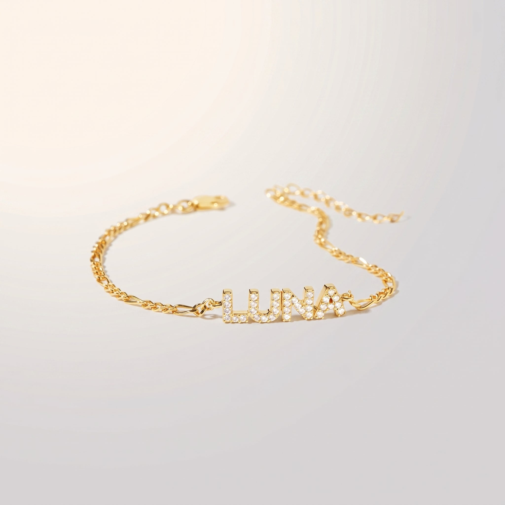 JWH CZ Pave Name Bracelet - Figaro Chain personalized jewelry
